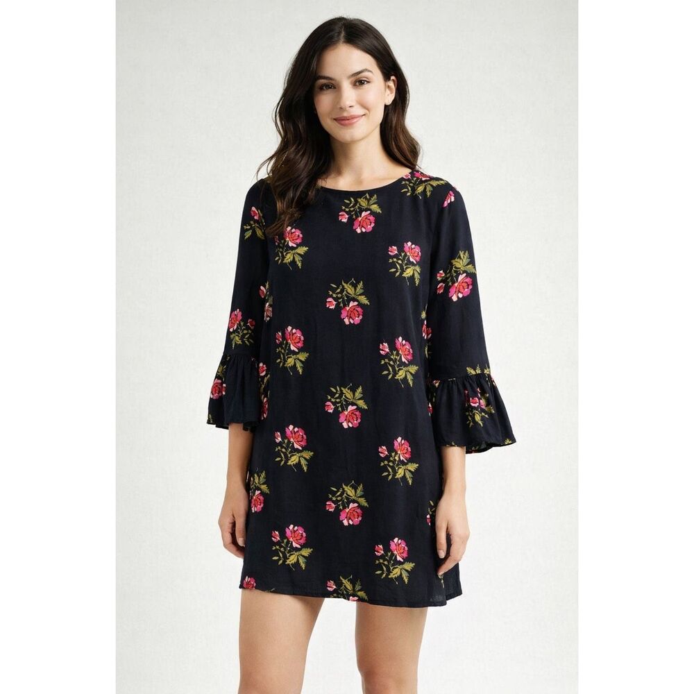 Old Navy Floral Rayon Dress XS Black Pink Boho Mini Bell Sleeve